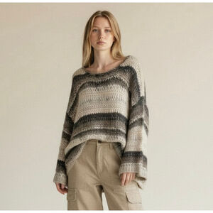 Free People Oversized Chunky Knit Striped Sweater | Slouchy Boho Pullover
